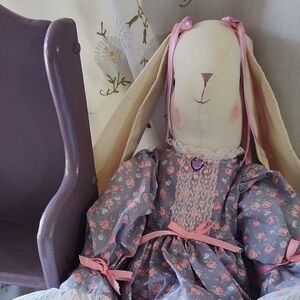 Hand Sewn Muslin Rabbit With Handmade Wood Chair